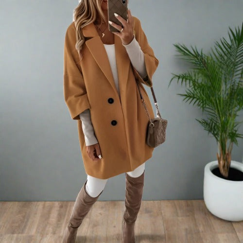 Women’s Relaxed fit Wool Overcoat – Mid Length – Classic Lapel – Button Front Sutton James