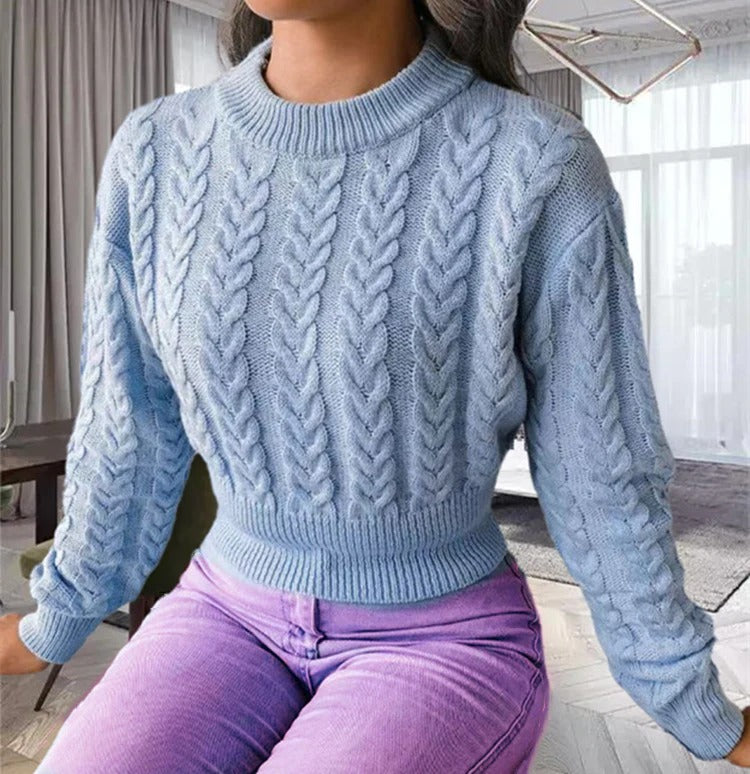 Women’s wool Knitted Sweater – Cable Knit – Cropped Fit – Ribbed Crew Neck Sutton James