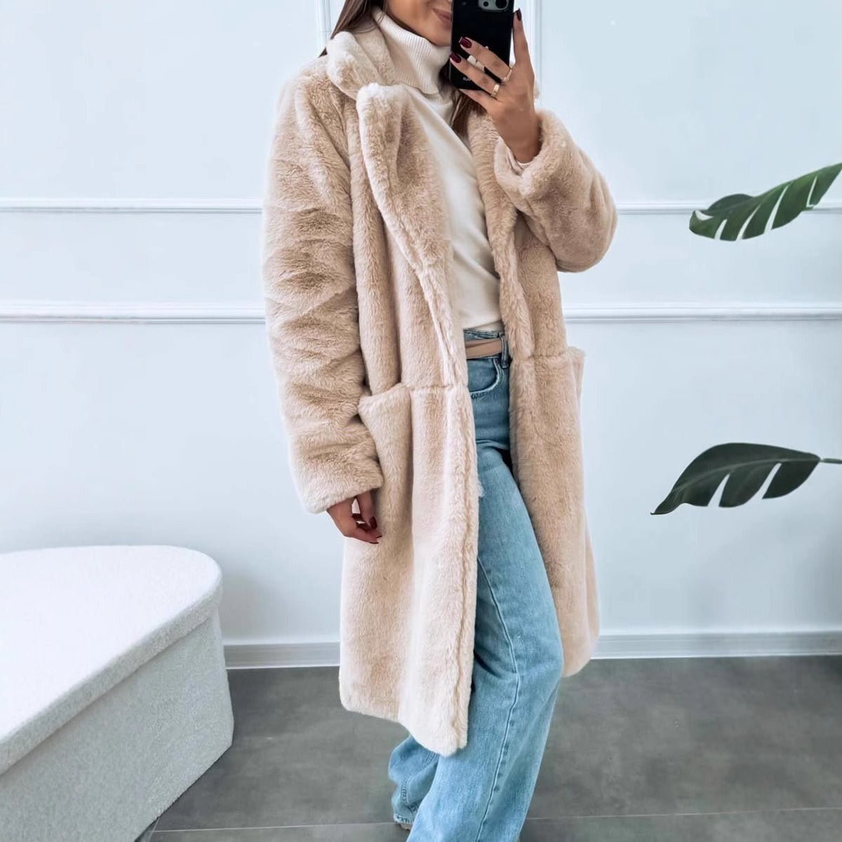 Women’s Long Faux fur Coat – Plush Feel – Oversized Fit – Wide Lapel – Front Pockets Sutton James