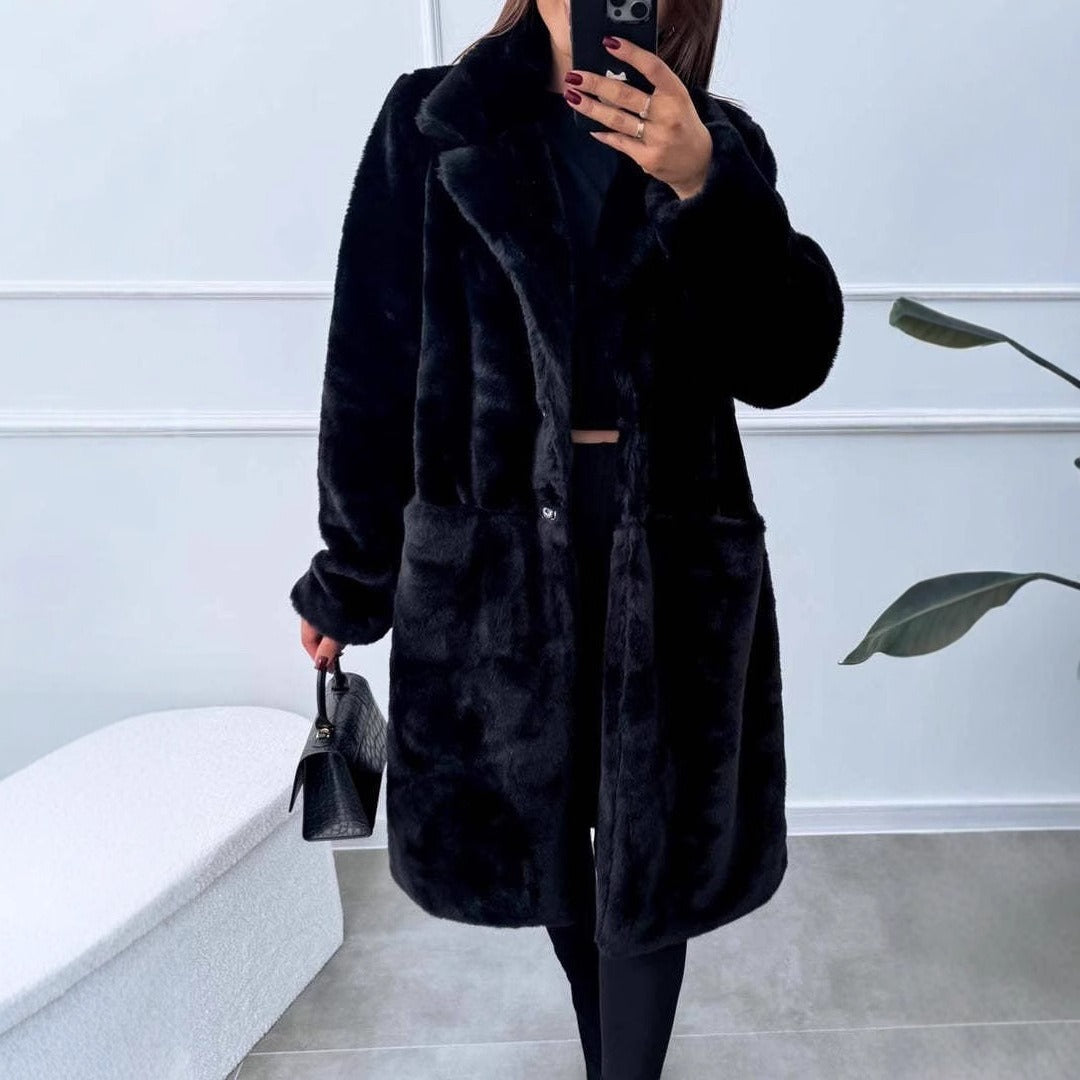 Women’s Long Faux fur Coat – Plush Feel – Oversized Fit – Wide Lapel – Front Pockets Sutton James