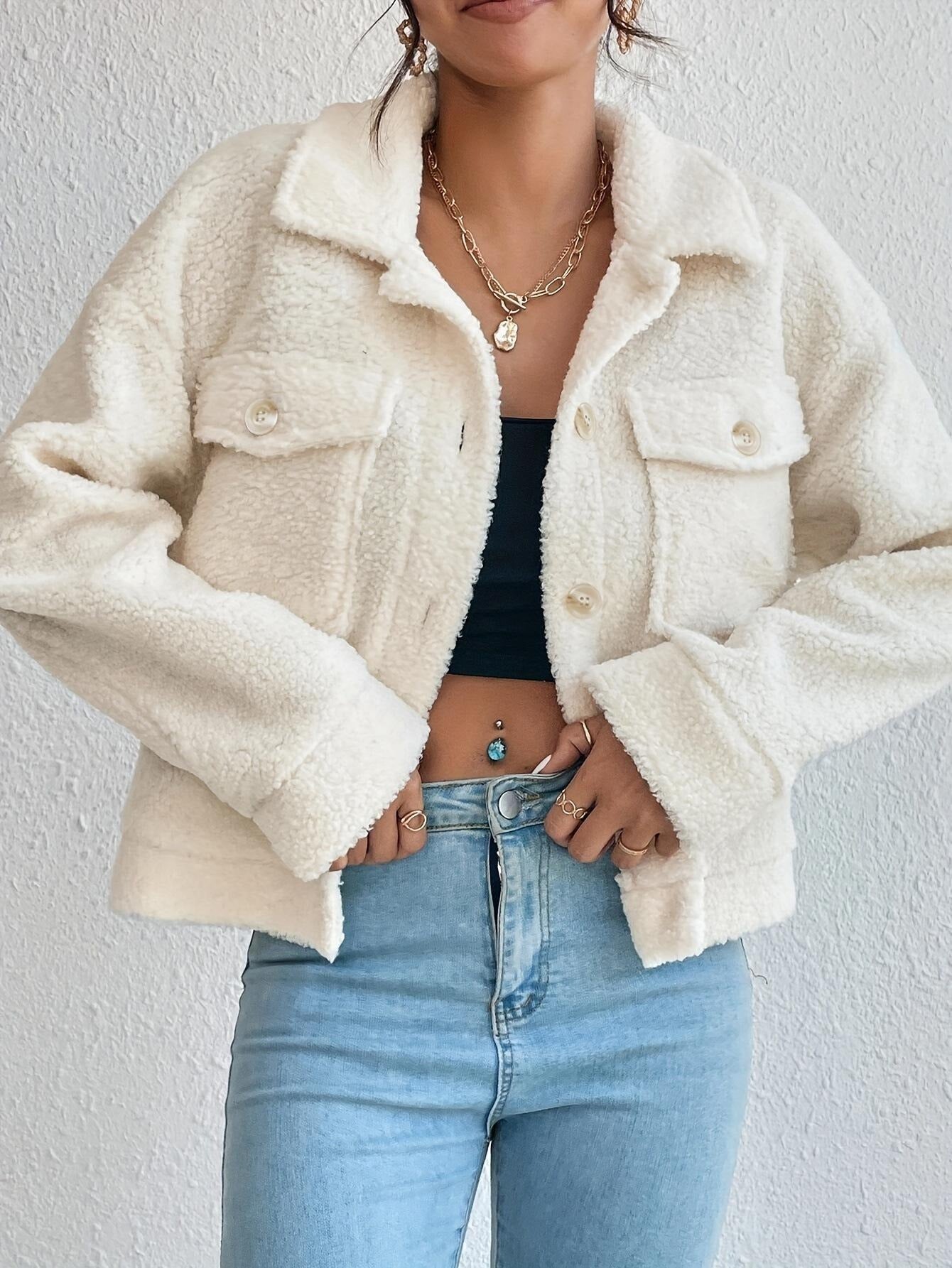 Women’s Relaxed fit Cropped Wool Coat  – Sherpa Texture – Button Front – Flap Pockets Sutton James