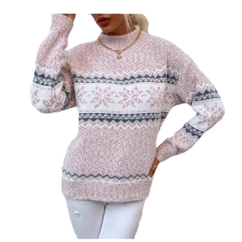 Women’s Knitted Pullover Sweater – Wool Knit – Relaxed Fit – Snowflake Pattern – High Neck Sutton James