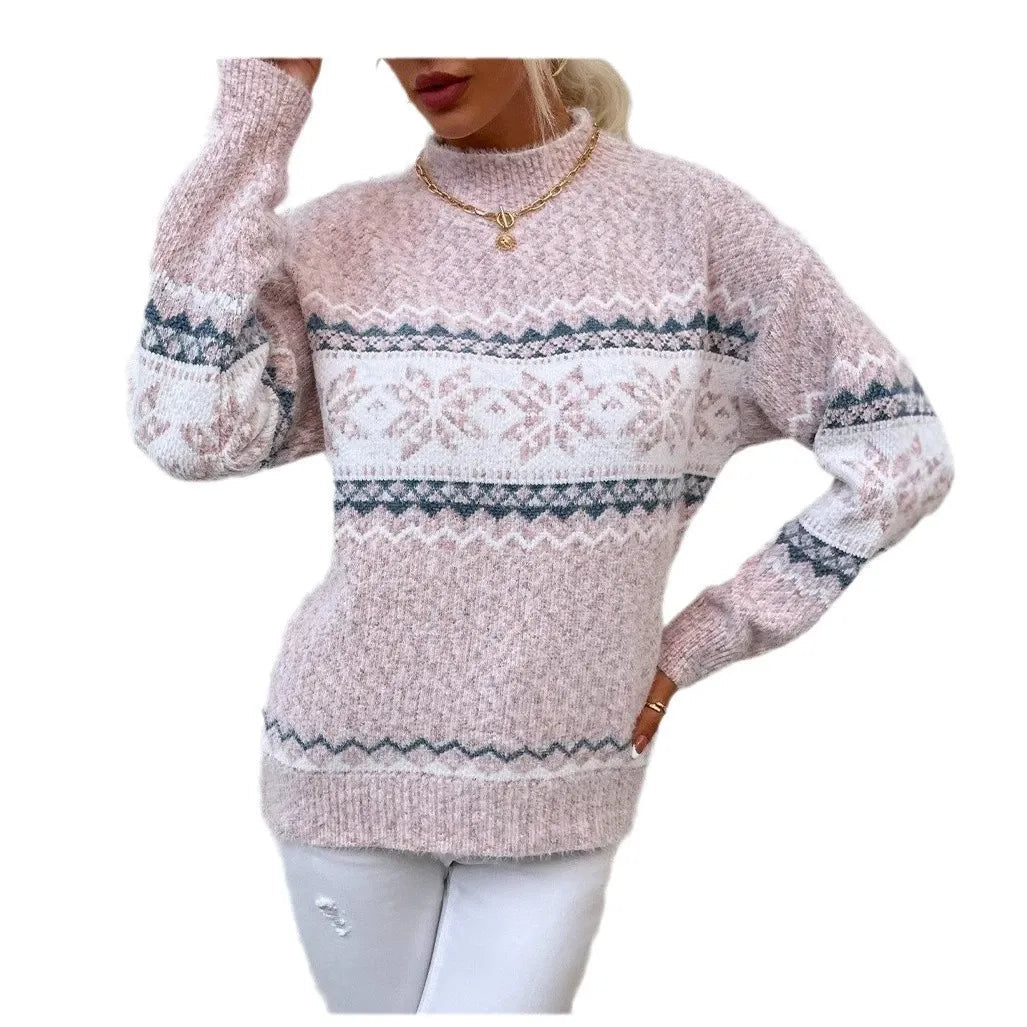 Women’s Knitted Pullover Sweater – Wool Knit – Relaxed Fit – Snowflake Pattern – High Neck Sutton James