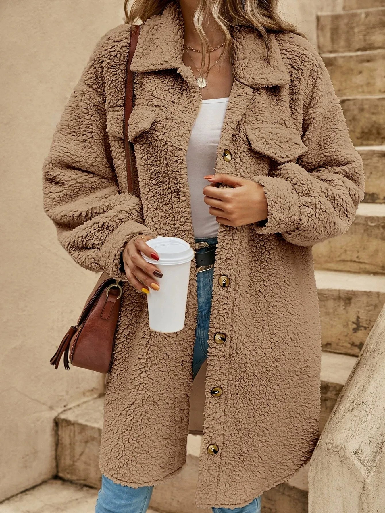 Women’s Plush Coat – Oversized Fit – Knee length - Sherpa Texture – Button-Down with Lapel Sutton James