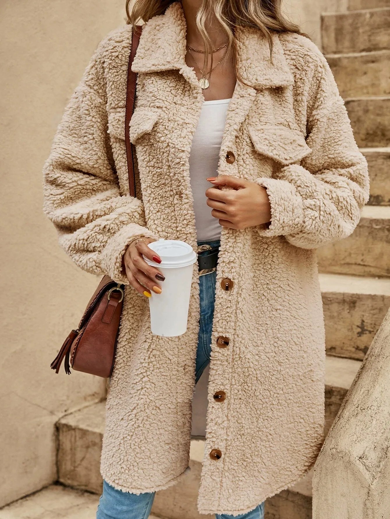 Women’s Plush Coat – Oversized Fit – Knee length - Sherpa Texture – Button-Down with Lapel Sutton James