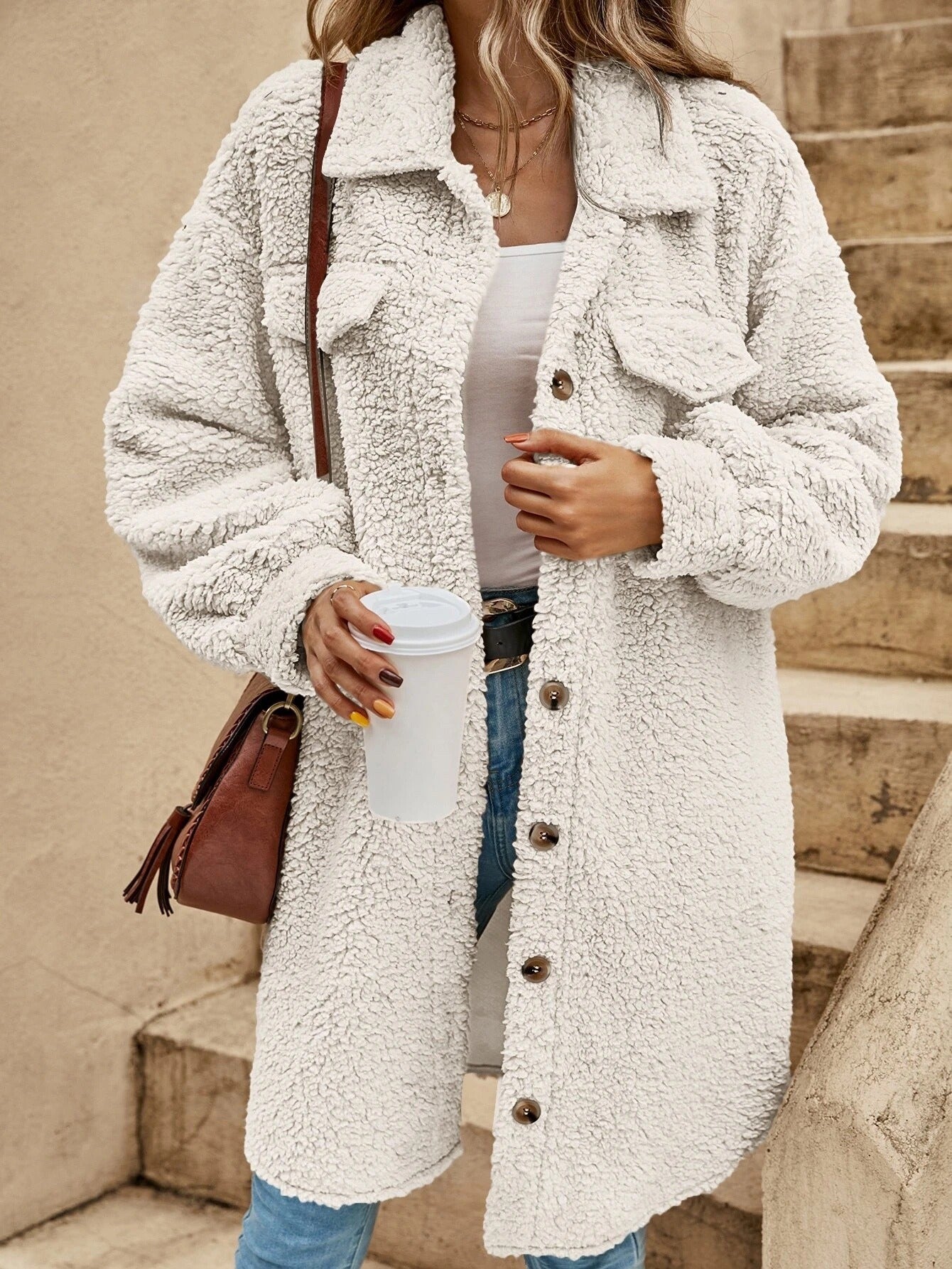 Women’s Plush Coat – Oversized Fit – Knee length - Sherpa Texture – Button-Down with Lapel Sutton James