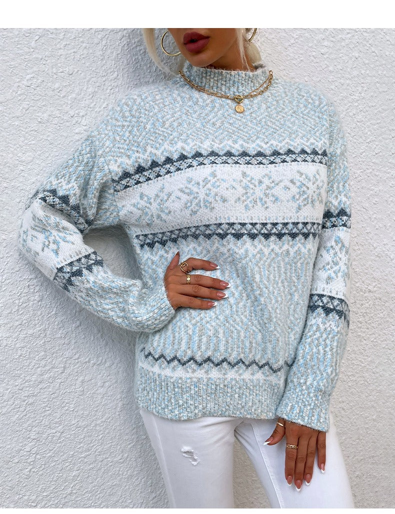 Women’s Knitted Pullover Sweater – Wool Knit – Relaxed Fit – Snowflake Pattern – High Neck Sutton James