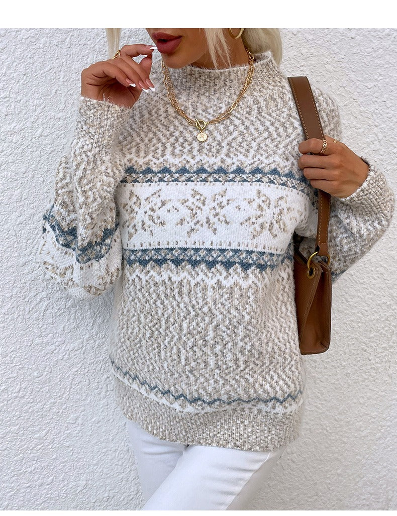 Women’s Knitted Pullover Sweater – Wool Knit – Relaxed Fit – Snowflake Pattern – High Neck Sutton James