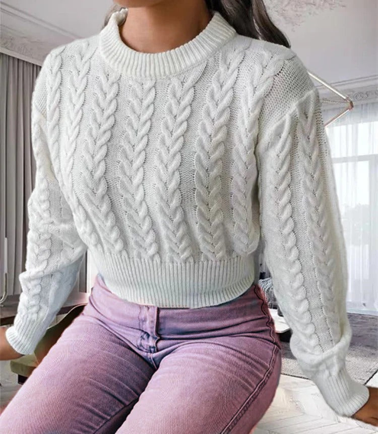 Women’s wool Knitted Sweater – Cable Knit – Cropped Fit – Ribbed Crew Neck Sutton James