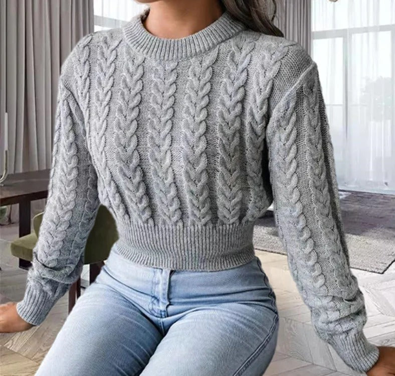 Women’s wool Knitted Sweater – Cable Knit – Cropped Fit – Ribbed Crew Neck Sutton James