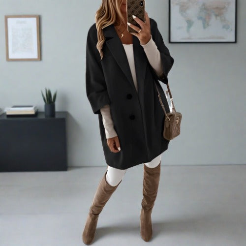 Women’s Relaxed fit Wool Overcoat – Mid Length – Classic Lapel – Button Front Sutton James