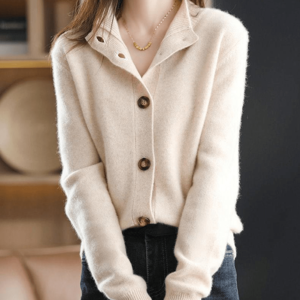 Women’s Cardigan – Soft Knit – Relaxed Fit – Button Front – Cut-Out Collar Design Sutton James