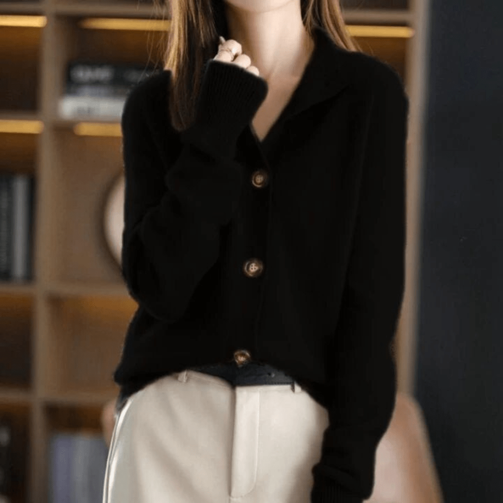 Women’s Cardigan – Soft Knit – Relaxed Fit – Button Front – Cut-Out Collar Design Sutton James