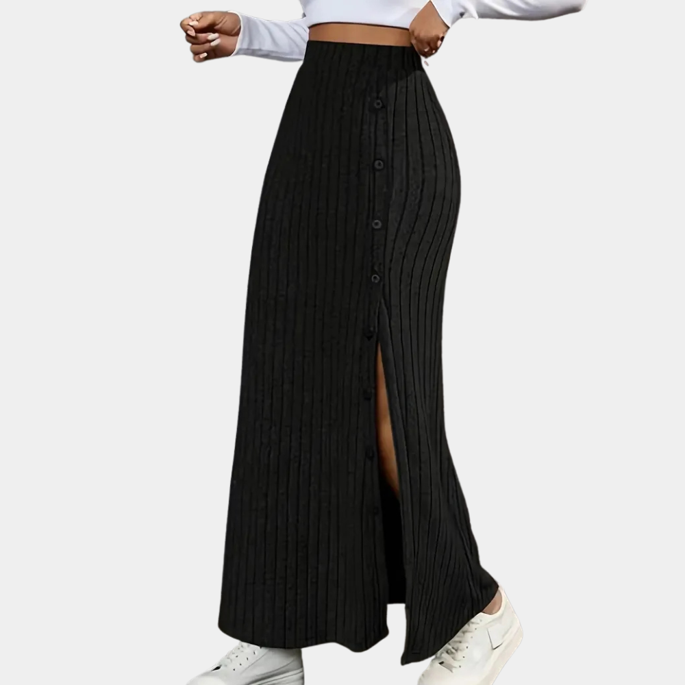 Women's grey Ribbed Maxi Skirt with buttoned slit Sutton James